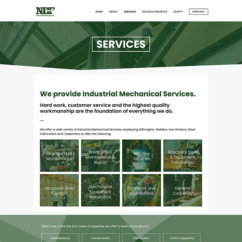 Sample of home page on NDF Enterprises website